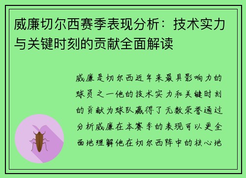 威廉切尔西赛季表现分析：技术实力与关键时刻的贡献全面解读